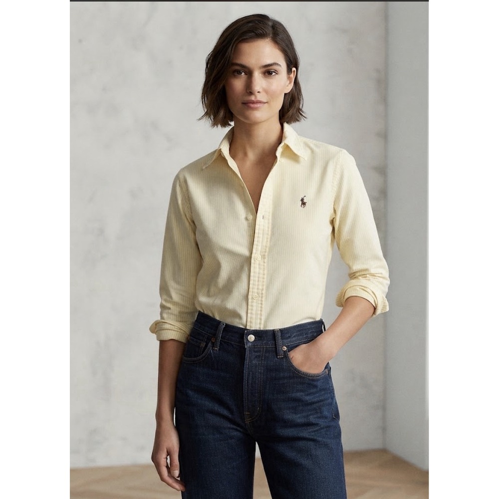Ralph Lauren Sport Women's 4 Slim Fit Oxford Button Up Shirt Yellow Long Sleeve